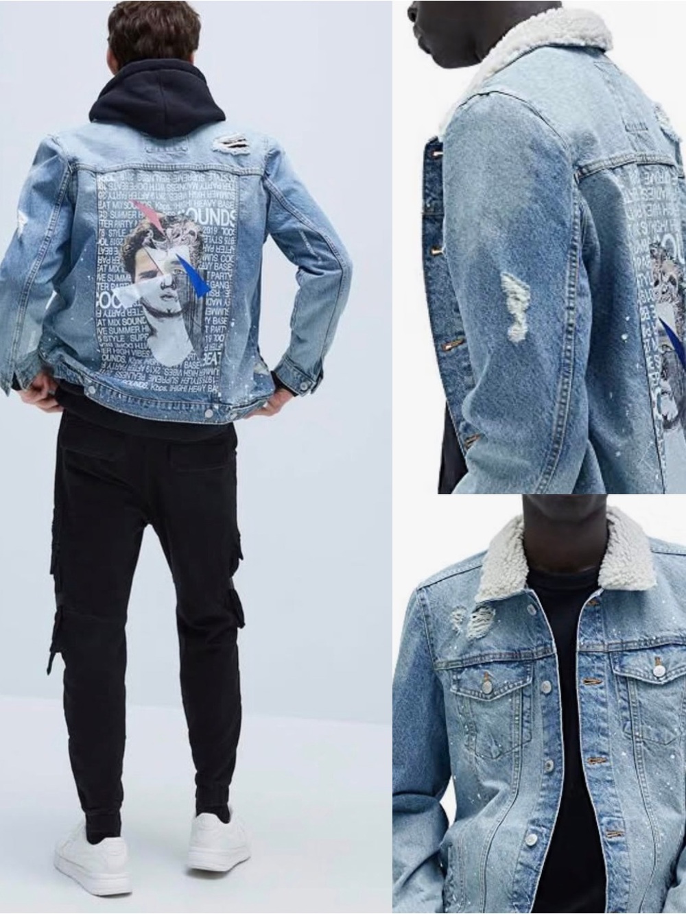 ZARA Man Light Blue Denim Paint Splatter Sherpa Jacket, Graphic Back, Trucker, S